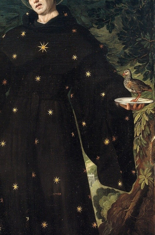 medieval painting of a man wearing a black robe with embroidered stars
