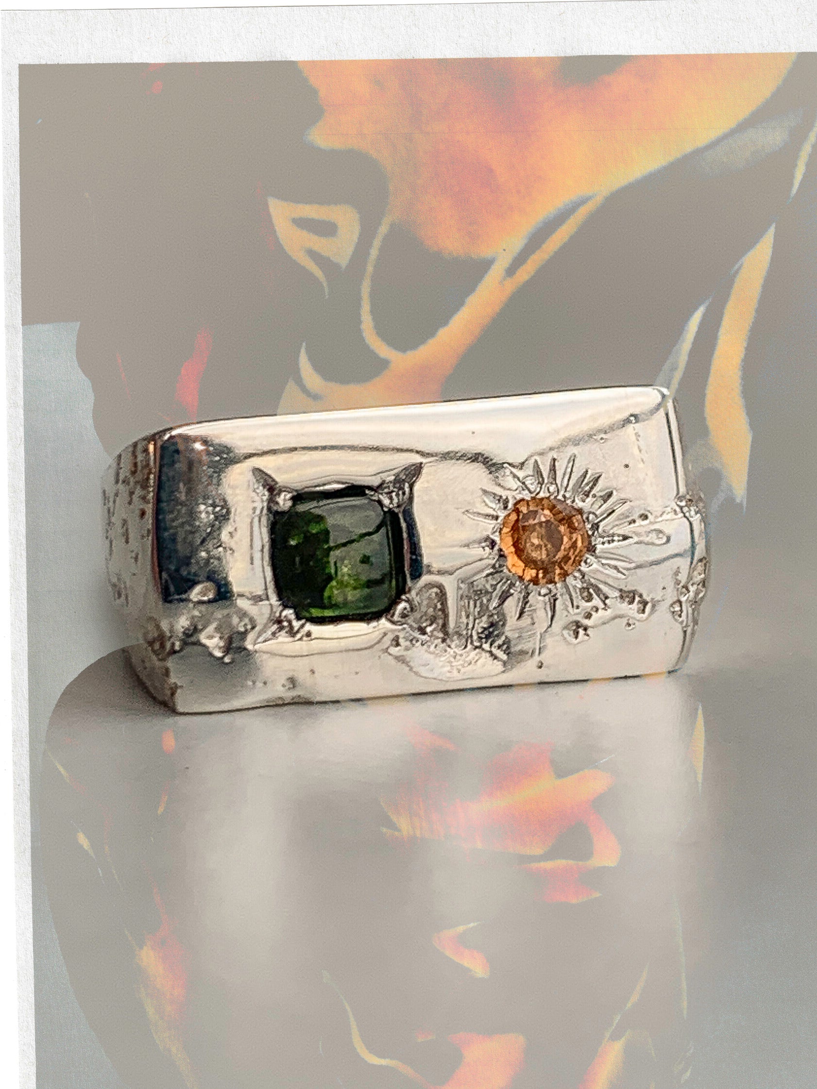 silver signet ring with green tourmaline and orange sapphire